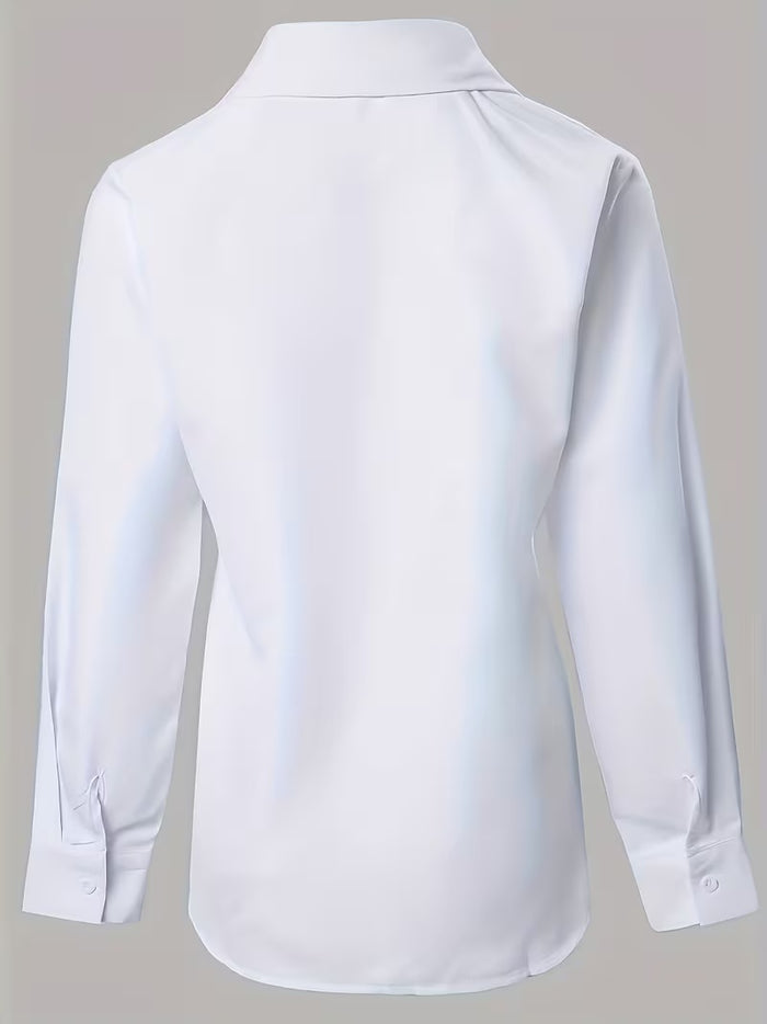 Plus size solid color long sleeve shirt with hollow embroidery detail, styled as refined everyday top for modern outfits now.