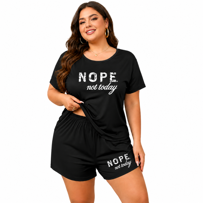 Plus size loungewear set with letter print top and shorts in soft stretch fabric for home, spa, sleepwear and relaxed day use
