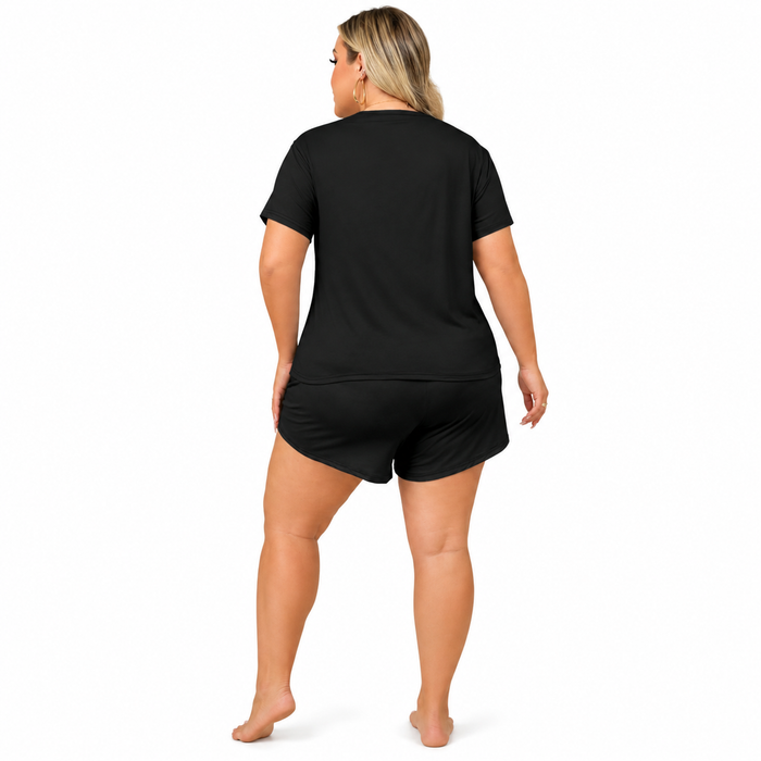 Plus size two piece sleepwear set with printed top and shorts, made for soft movement, relaxed evenings and calm spa days now