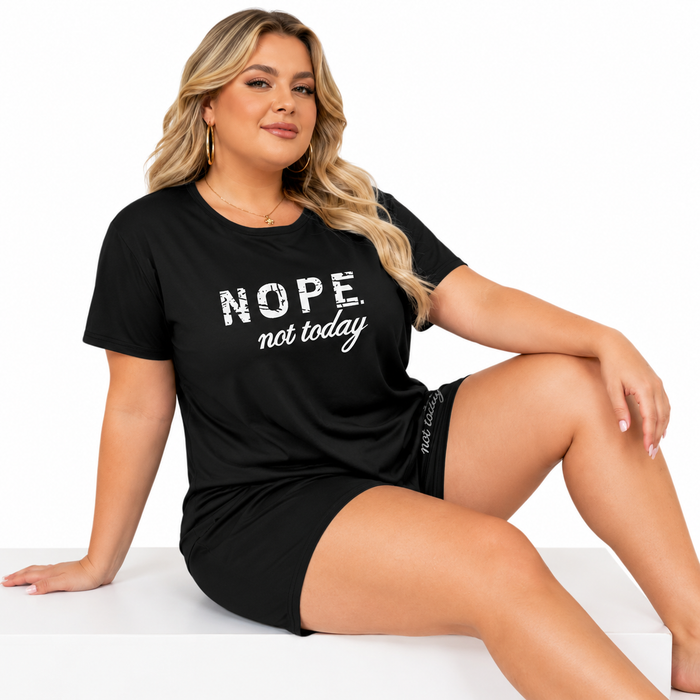 Women letter print loungewear outfit with quarter sleeve top and shorts, comfortable stretch fit for daily home wear and rest