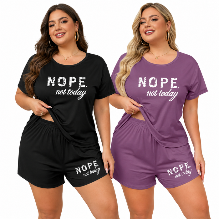 Plus size pajama shorts set in black, purple or pink style with breathable stretch fabric for sleep and casual lounging now