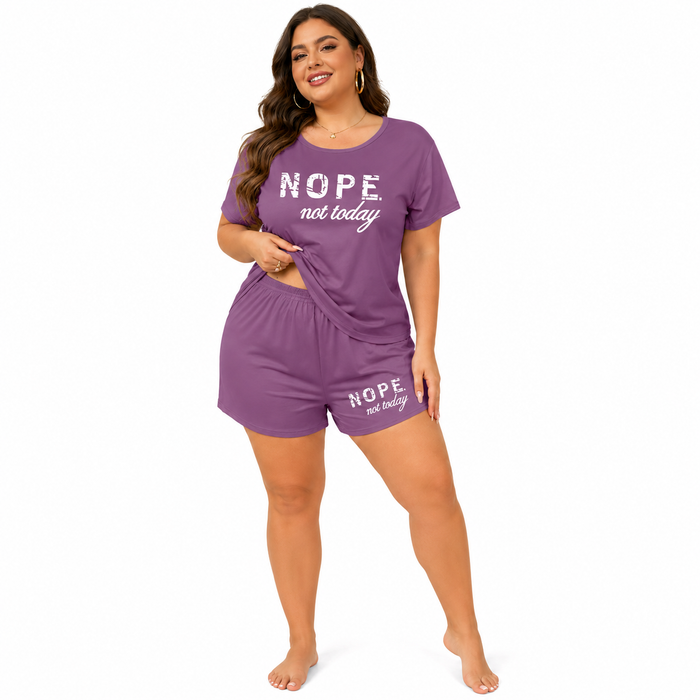 Plus size homewear set with letter print, elastic fabric and shorts for sleepwear, hotel, spa and relaxed casual moments now!