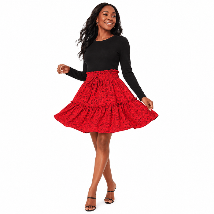 Polka Dot Pleated Skirt - Printed Chiffon Everyday Look