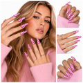 Press on nails with glue in pink swirl design, long square false nails, bold wave art, and easy salon-style home styling kit.