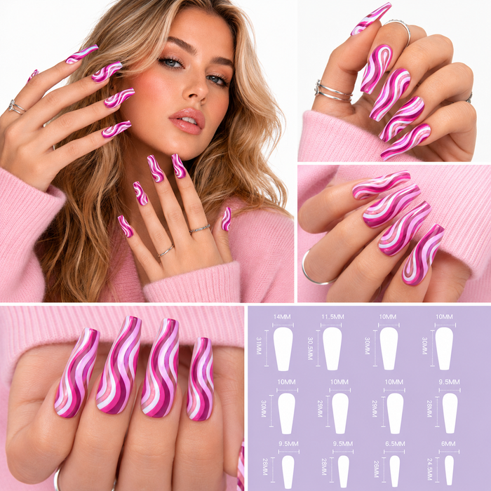 Pink swirl false nails with white and magenta wave pattern, long square tips, and salon-style finish for statement looks now.