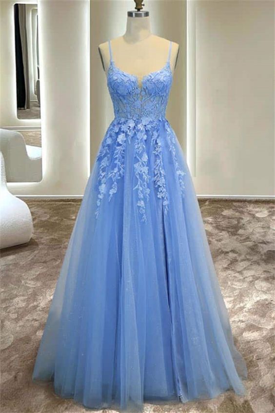 Pretty Prom Dress 2024 Blue Spaghetti Straps Lace Appliques