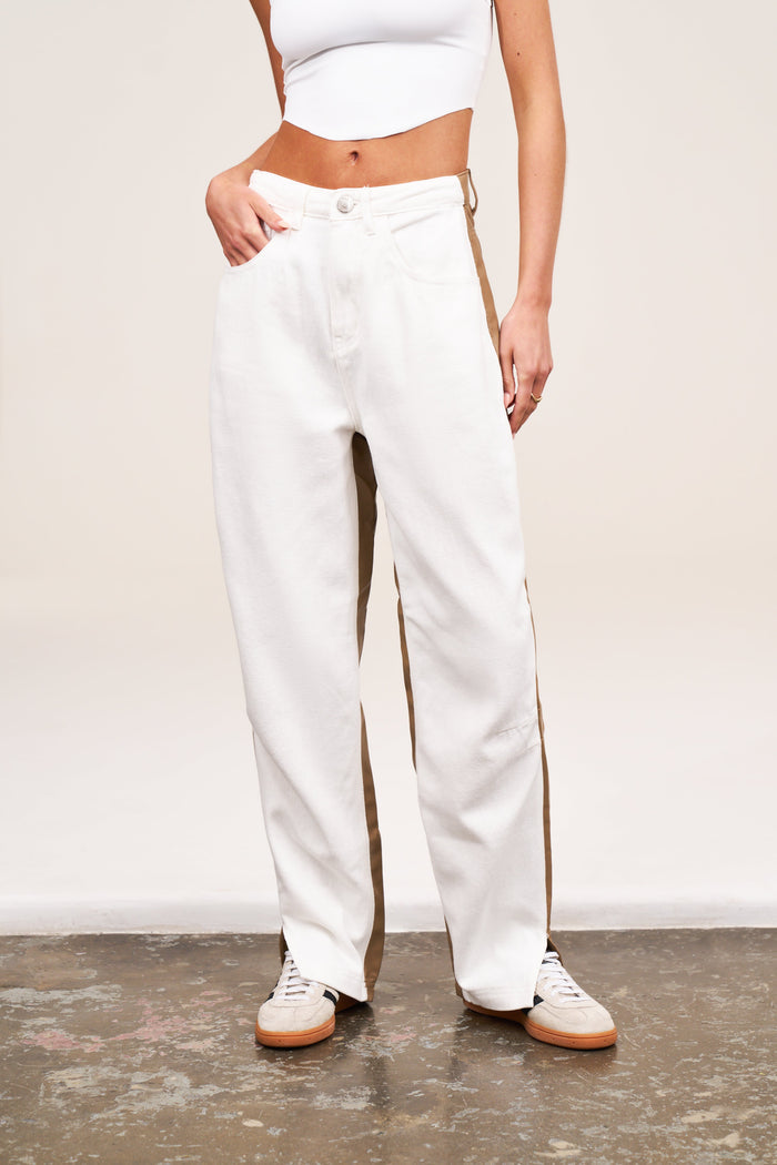 PU SPLICED DENIM JEANS - OFF WHITE/BEIGE