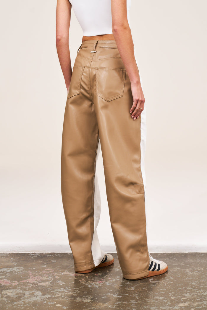 PU SPLICED DENIM JEANS - OFF WHITE/BEIGE