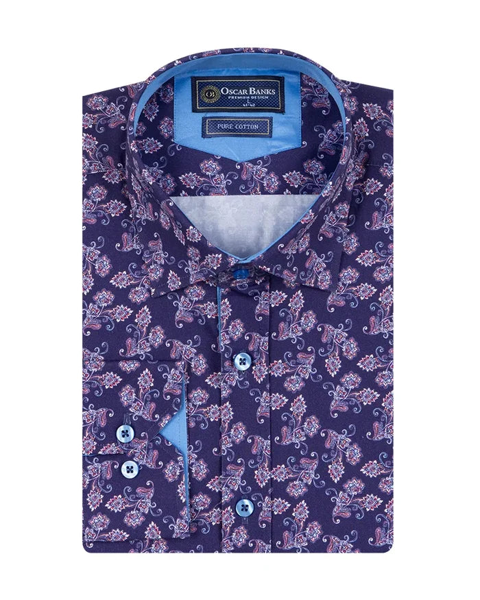 Purple Floral Print Shirt with Matching Handkerchief-Makrom