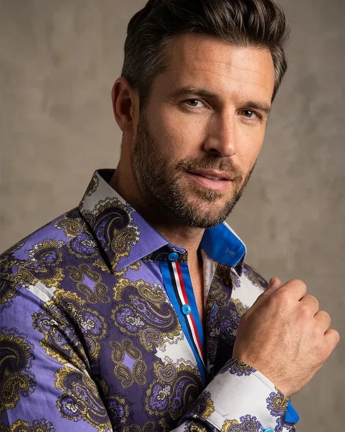 Purple Paisley Print Shirt with Matching Handkerchief