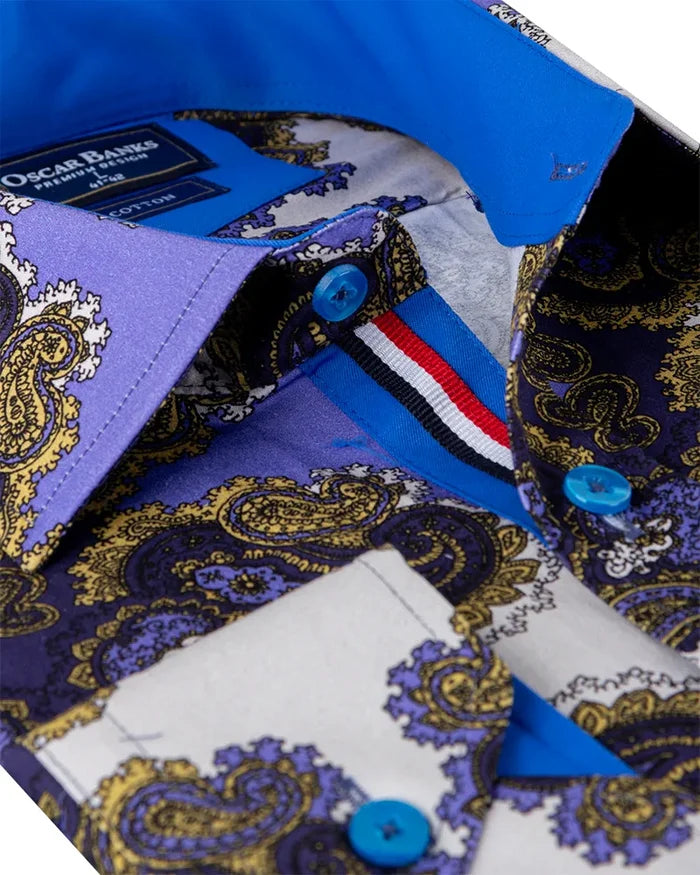 Purple Paisley Print Shirt with Matching Handkerchief-Makrom