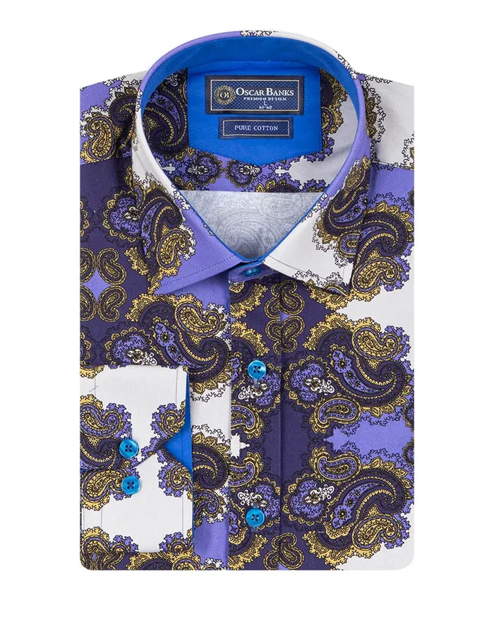 Purple Paisley Print Shirt with Matching Handkerchief-Makrom