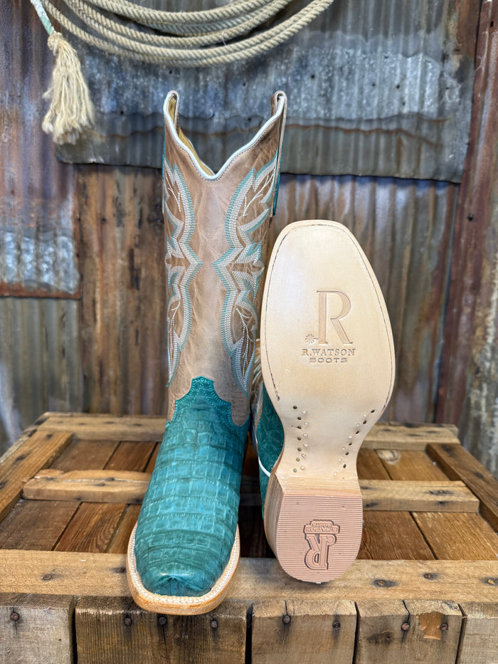 R. Watson Turquoise Nubuck Caiman Belly Western Boot