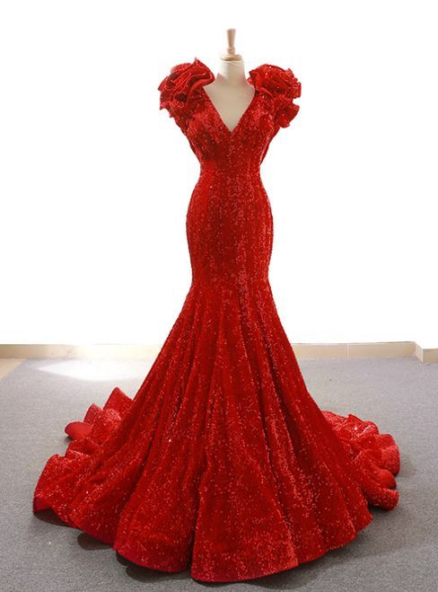 Red Prom Dress 2024 V Neck Sleeveless Sequin Mermaid