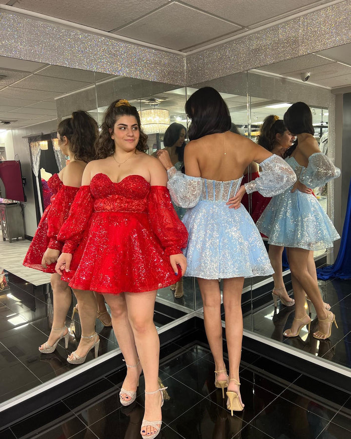 Red Sequin Strapless Short Party Dress with Removable Sleeves
