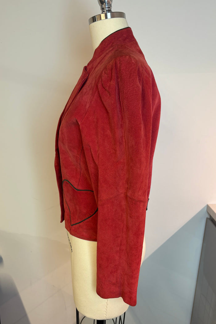 Red Suede Cropped Jacket With Heart Pockets