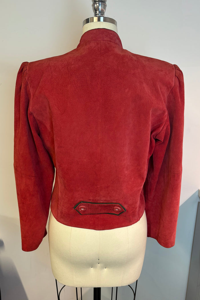Red Suede Cropped Jacket With Heart Pockets