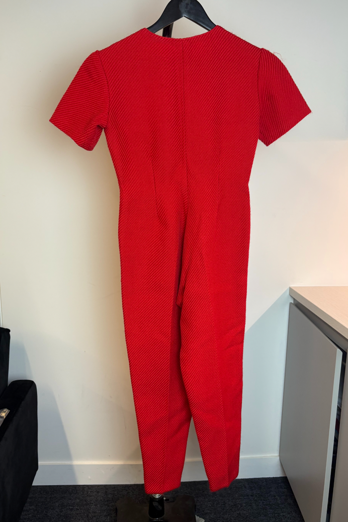 Red Textured Knit Jumpsuit