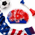 Red white blue wig for USA soccer fans with curly synthetic fibers, ideal for World Cup matches, watch parties and parade fun