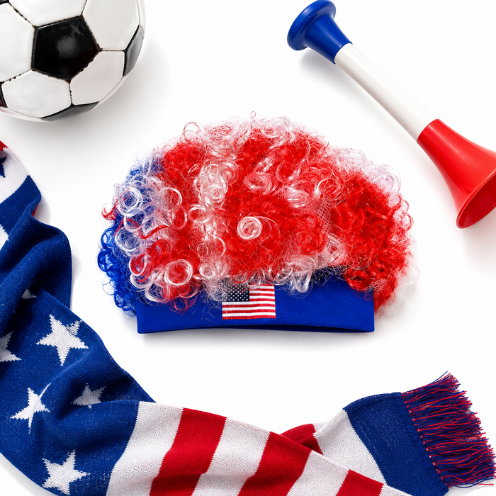 Red white blue wig for USA soccer fans with curly synthetic fibers, ideal for World Cup matches, watch parties and parade fun