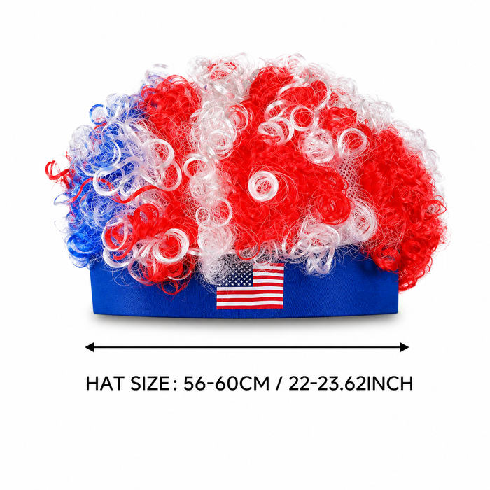 USA fan wig with red, white and blue curls styled for soccer celebrations, game day outfits, tailgates and team spirit style.