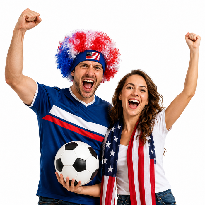 Lightweight red white blue wig accessory for adults and teens, made for soccer games, fan events and festive outfits all day.