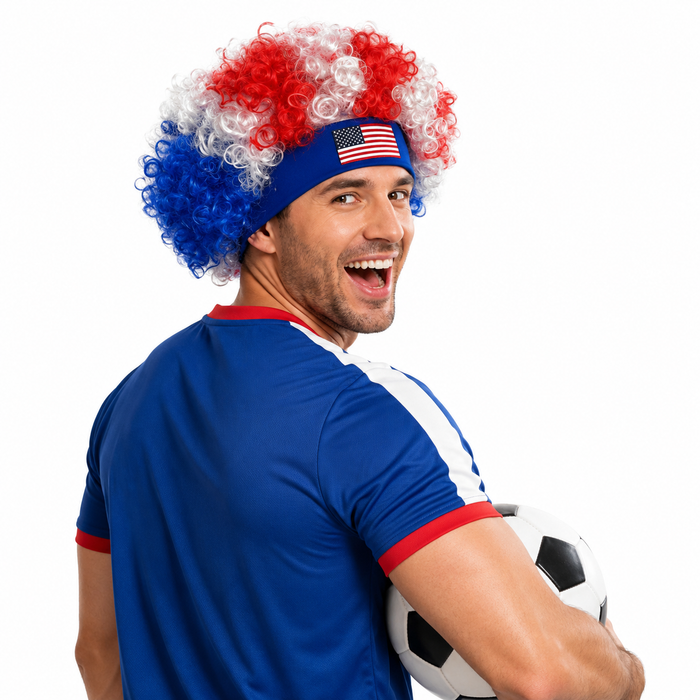 Curly USA World Cup headband wig with elastic cap, designed for easy wear at stadiums, parties, parades and fan events today.