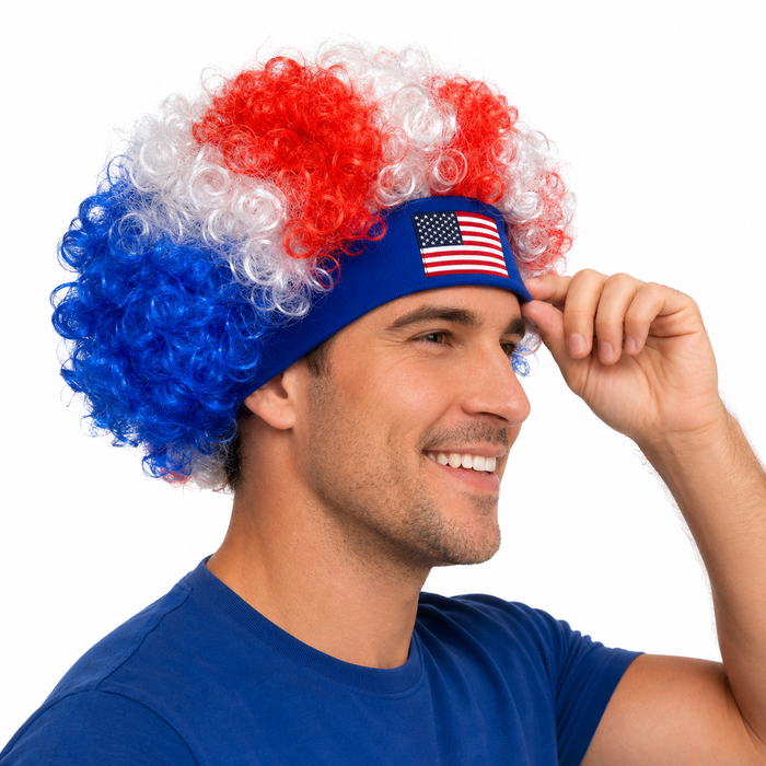 Patriotic fan wig with red white blue curls for soccer enthusiasts who want a bold game day look without extra styling today.