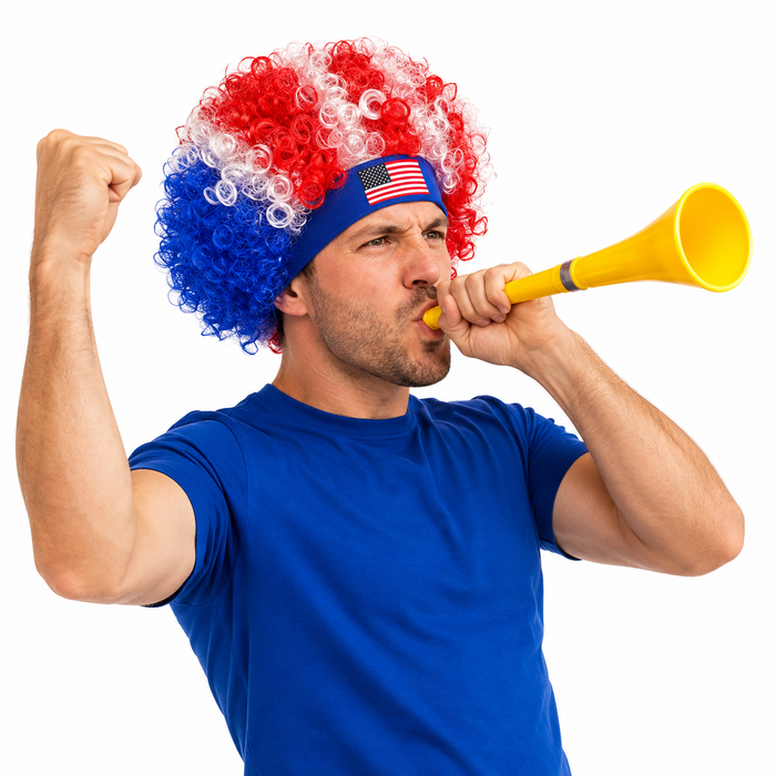 Reusable synthetic USA fan wig for World Cup celebrations, tailgates, watch parties, parades and team supporter outfit looks.