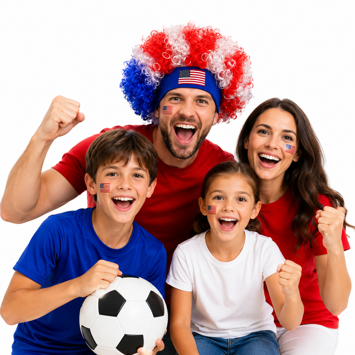 Red white blue curly wig shown as a festive soccer fan accessory for USA supporters during sports events and watch party fun.