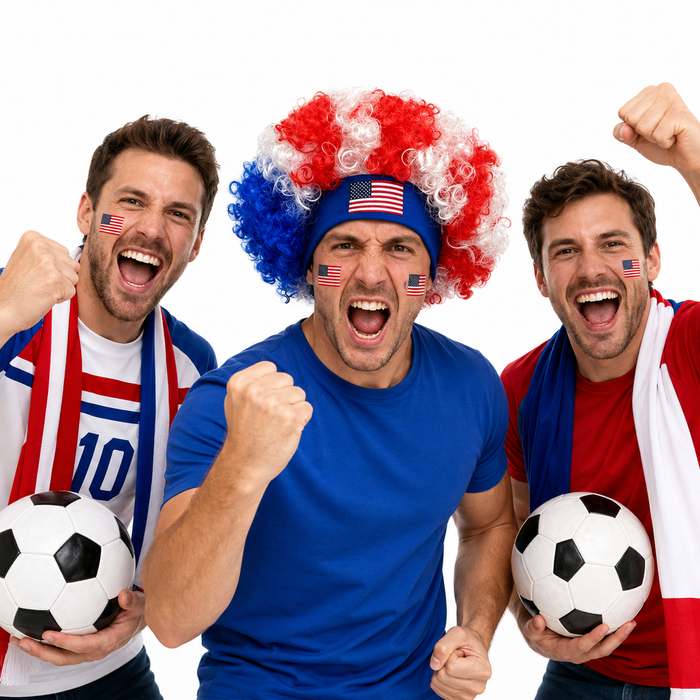 Comfortable USA soccer wig with elasticated fit and bold patriotic colors for adults, teens and celebration outfits for fans.