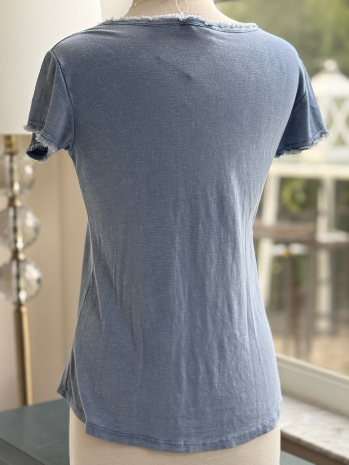 Reece Raw Edge Italian Top in Blue (back view on mannequin)