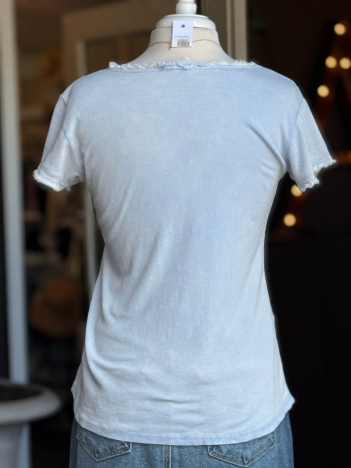 Back View Reece Raw Edge Tee in Sky Blue