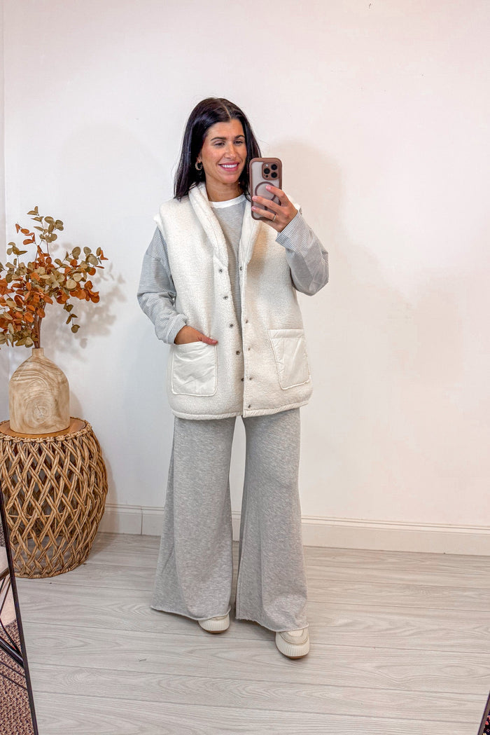 women's white puffer sherpa reversible vest