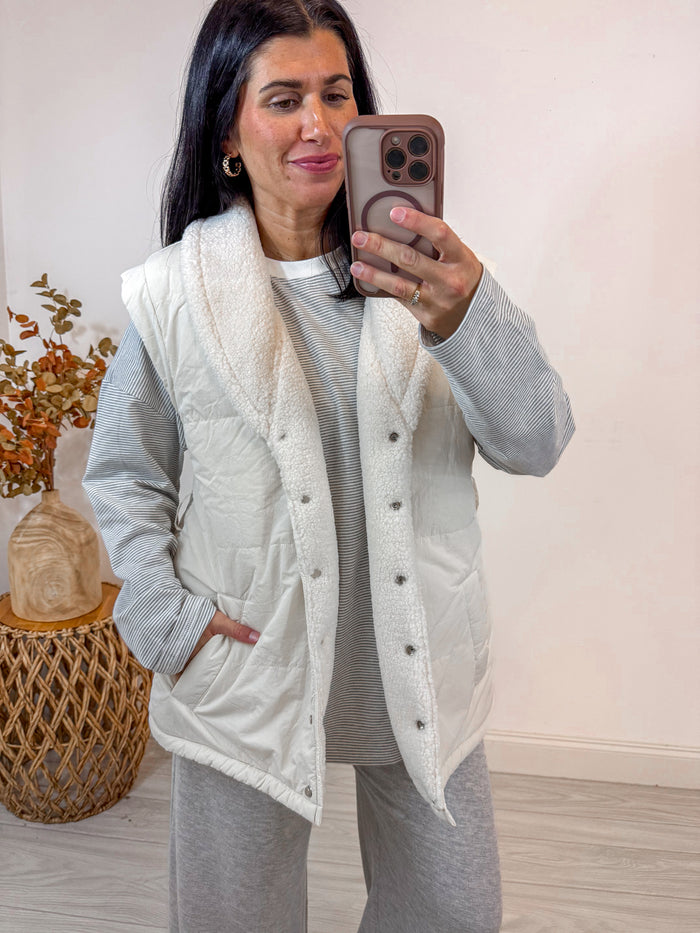 women's white puffer sherpa reversible vest