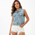 Rhinestone denim jacket women sleeveless front view with button closure, soft rayon blend and polished evening outfit. online