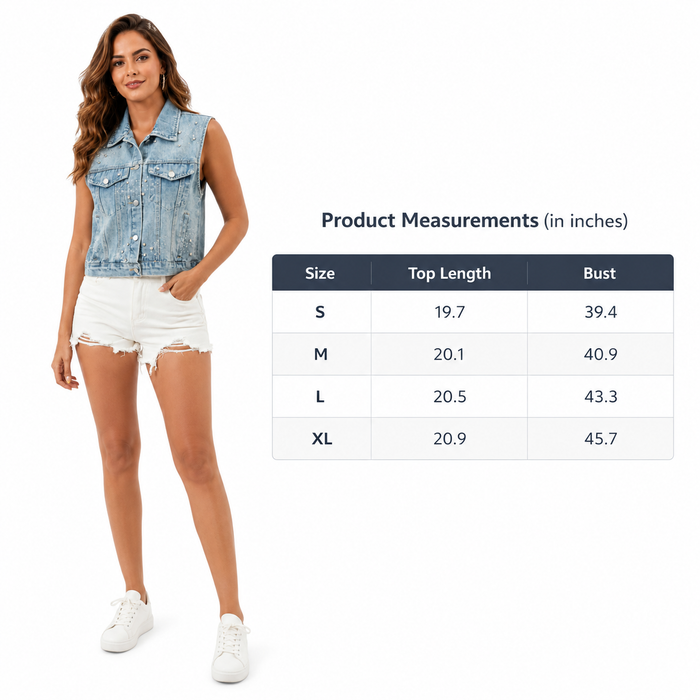 Sleeveless rhinestone denim jacket for women styled open over a fitted top for modern party and casual layering look detail!!