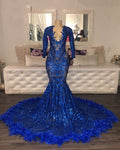 Royal Blue Prom Dress 2023 Long Sleeves Sequin with Feathers