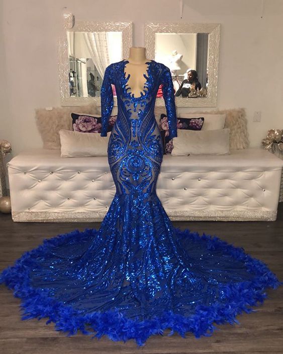 Royal Blue Prom Dress 2023 Long Sleeves Sequin with Feathers