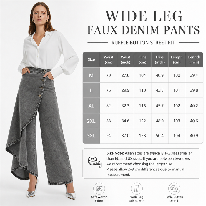 Wide leg faux denim pants with size chart on a white background