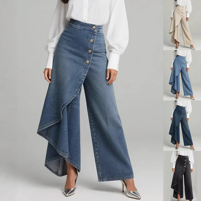 women's street fashion wide leg pants ruffle button detail