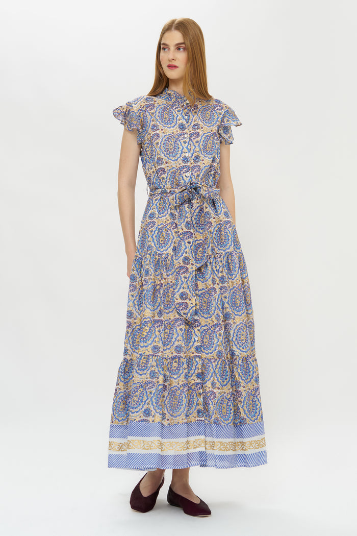 Ruffle Collar Button Maxi- Izmir Blue