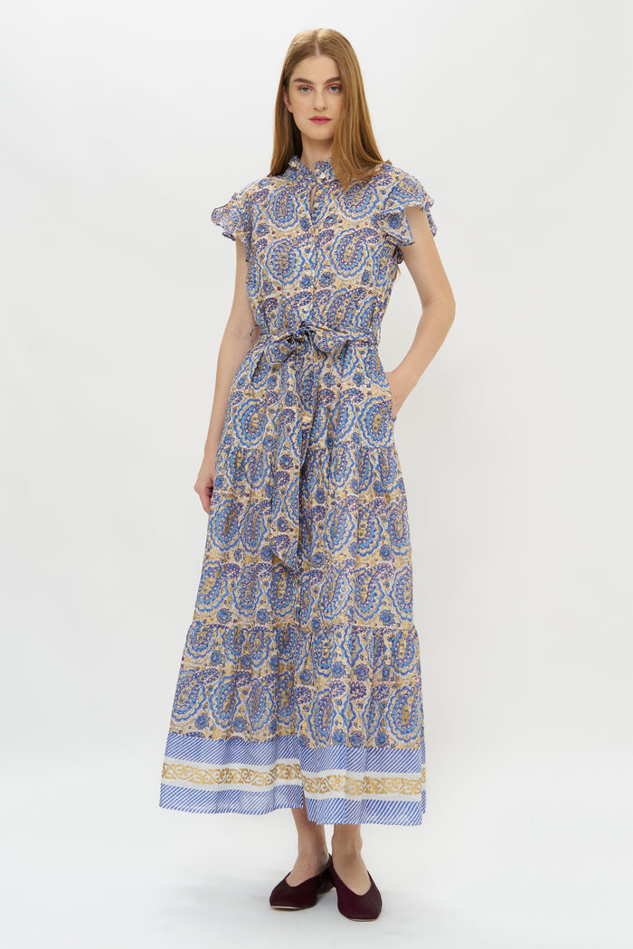 Ruffle Collar Button Maxi- Izmir Blue