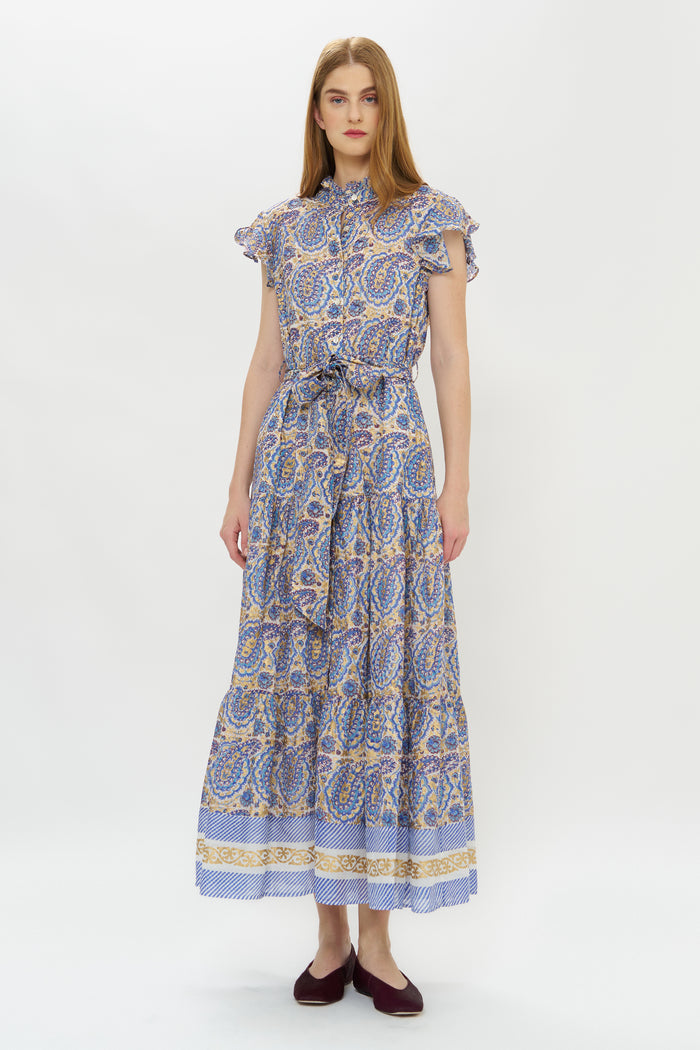 Ruffle Collar Button Maxi- Izmir Blue