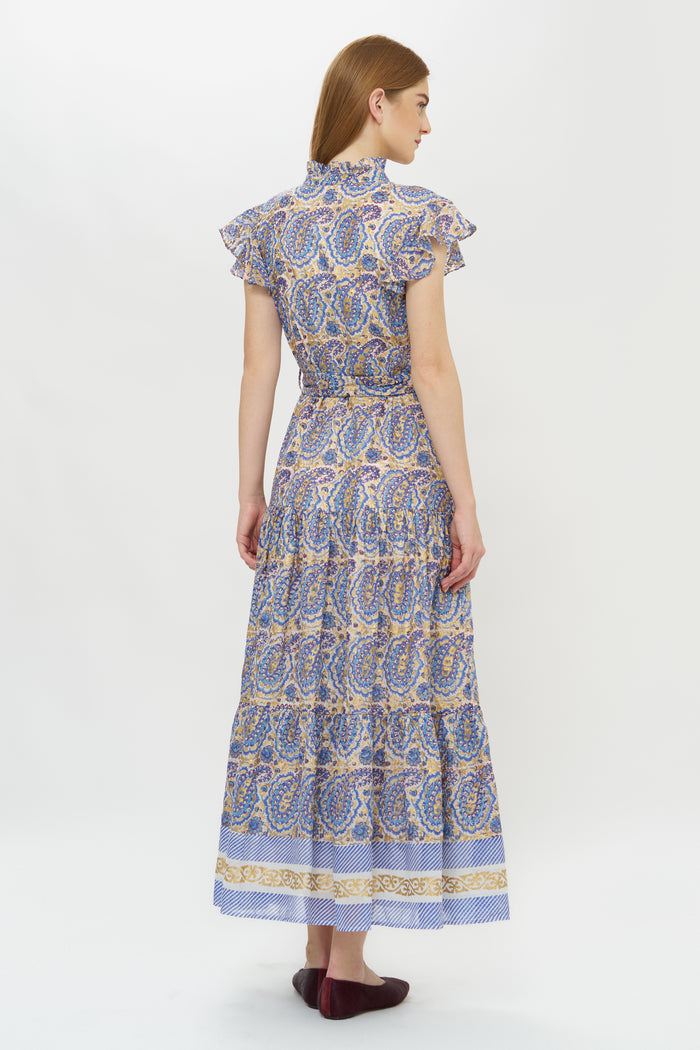 Ruffle Collar Button Maxi- Izmir Blue