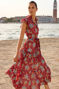 Ruffle Collar Button Maxi- Kildare Red