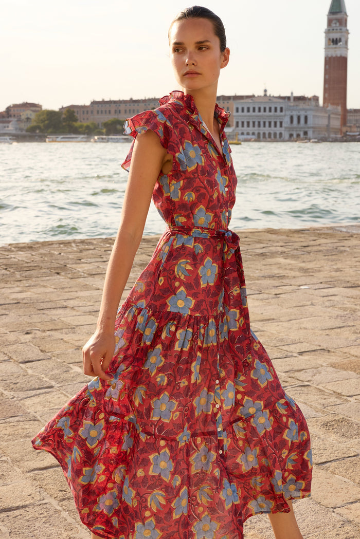 Ruffle Collar Button Maxi- Kildare Red