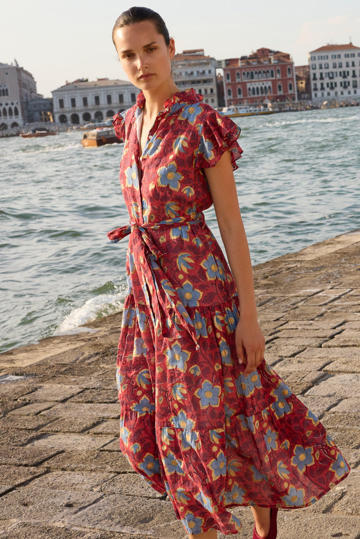 Ruffle Collar Button Maxi- Kildare Red