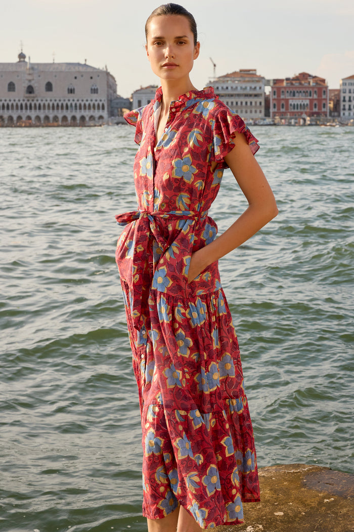 Ruffle Collar Button Maxi- Kildare Red