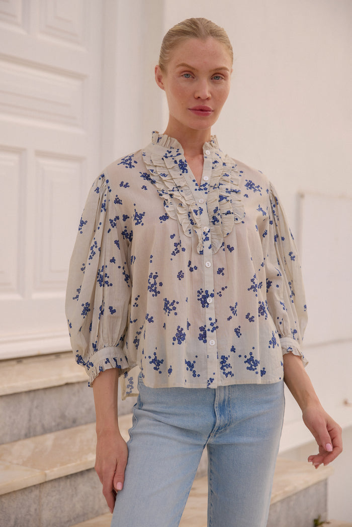 Ruffle Front Button Blouse- Alyssum Cream